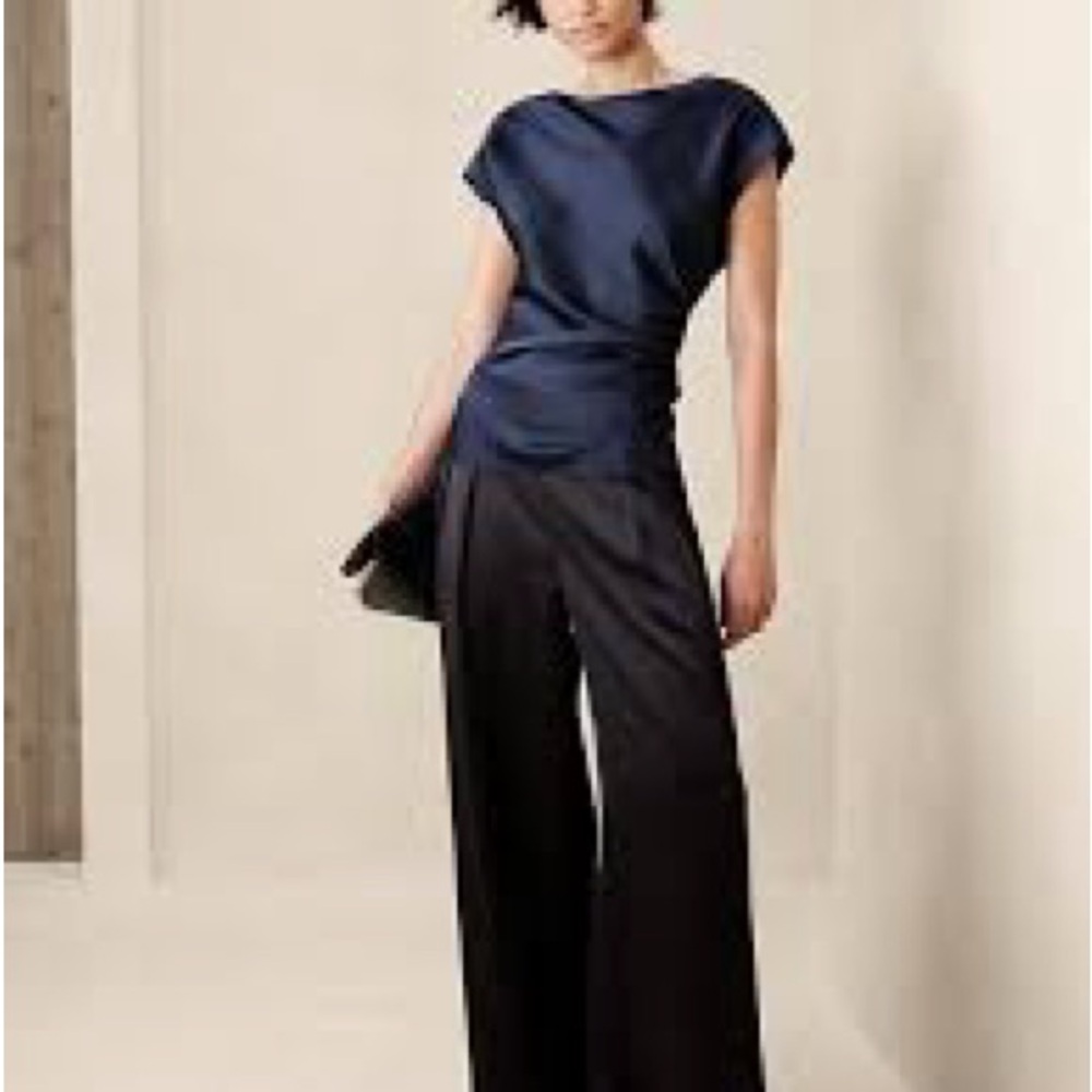 NWT Banana Republic Factory Navy Satin Cap-Sleeve Top
